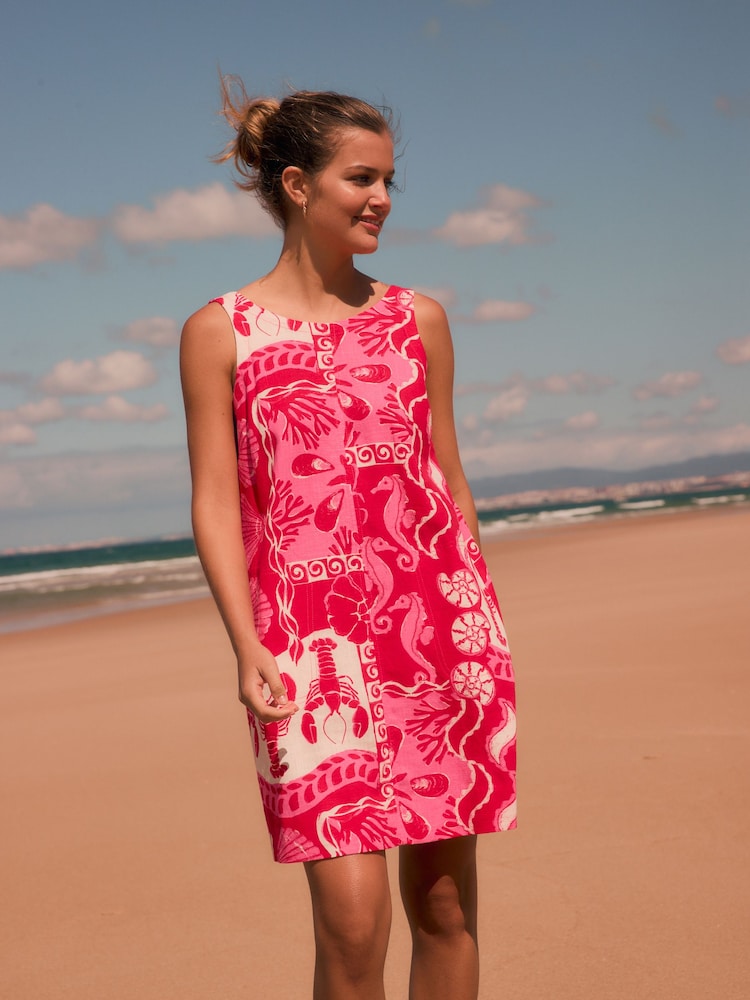 Rot/Muschelprint - Minikleid mit Leinen und Rundhalsausschnitt - Bild 1 von 4 Rot/Muschelprint - Minikleid mit Leinen und Rundhalsausschnitt - Bild 1 von 4