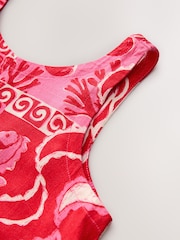 Red Shell Print Scoop Back Mini Shift Dress With Linen - Image 2 of 3