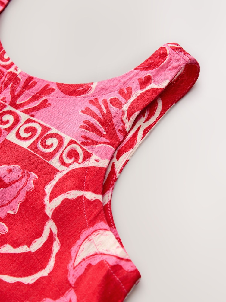 Red Shell Print Scoop Back Mini Shift Dress With Linen - Image 2 of 3