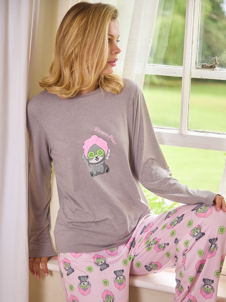 Loungeable Grey Pamper Paws Long Sleeve Top And Trousers Set - Image 1 of 8 Loungeable Grey Pamper Paws Long Sleeve Top And Trousers Set - Image 1 of 8