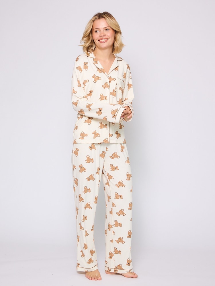 Loungeable Cream Teddy Print Wide Leg Traditional Revere Pyjamas Set - Image 1 of 6 Loungeable Cream Teddy Print Wide Leg Traditional Revere Pyjamas Set - Image 1 of 6