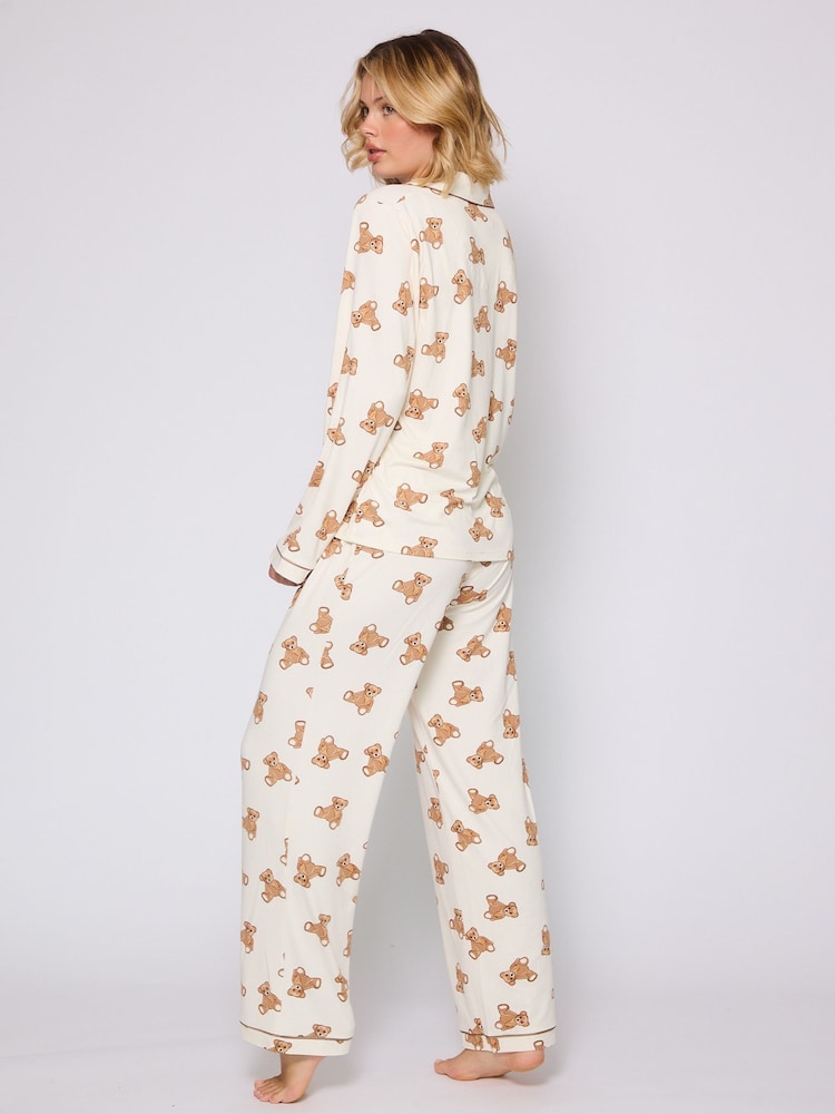 Loungeable Cream Teddy Print Wide Leg Traditional Revere Pyjamas Set - Image 2 of 6 Loungeable Cream Teddy Print Wide Leg Traditional Revere Pyjamas Set - Image 2 of 6
