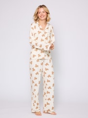 Loungeable Cream Teddy Print Wide Leg Traditional Revere Pyjamas Set - Image 3 of 6