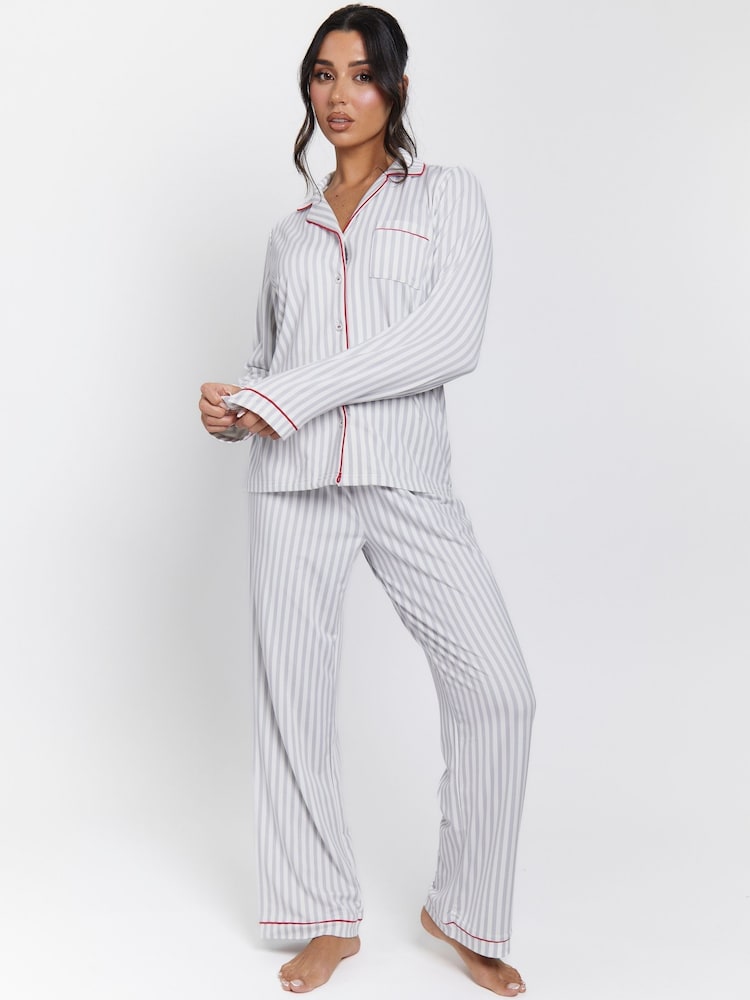 Loungeable Grey/Red Trim Stripe Long Button Through Pyjama Set - Image 2 of 6 Loungeable Grey/Red Trim Stripe Long Button Through Pyjama Set - Image 2 of 6