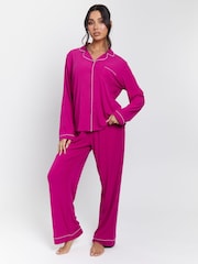 Loungeable Pink Rib Long Sleeve Traditional Shirt and Long Joggers Set - Image 4 of 6