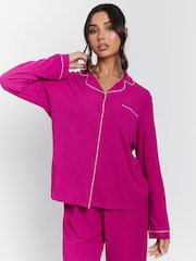 Loungeable Pink Rib Long Sleeve Traditional Shirt and Long Joggers Set - Image 5 of 6
