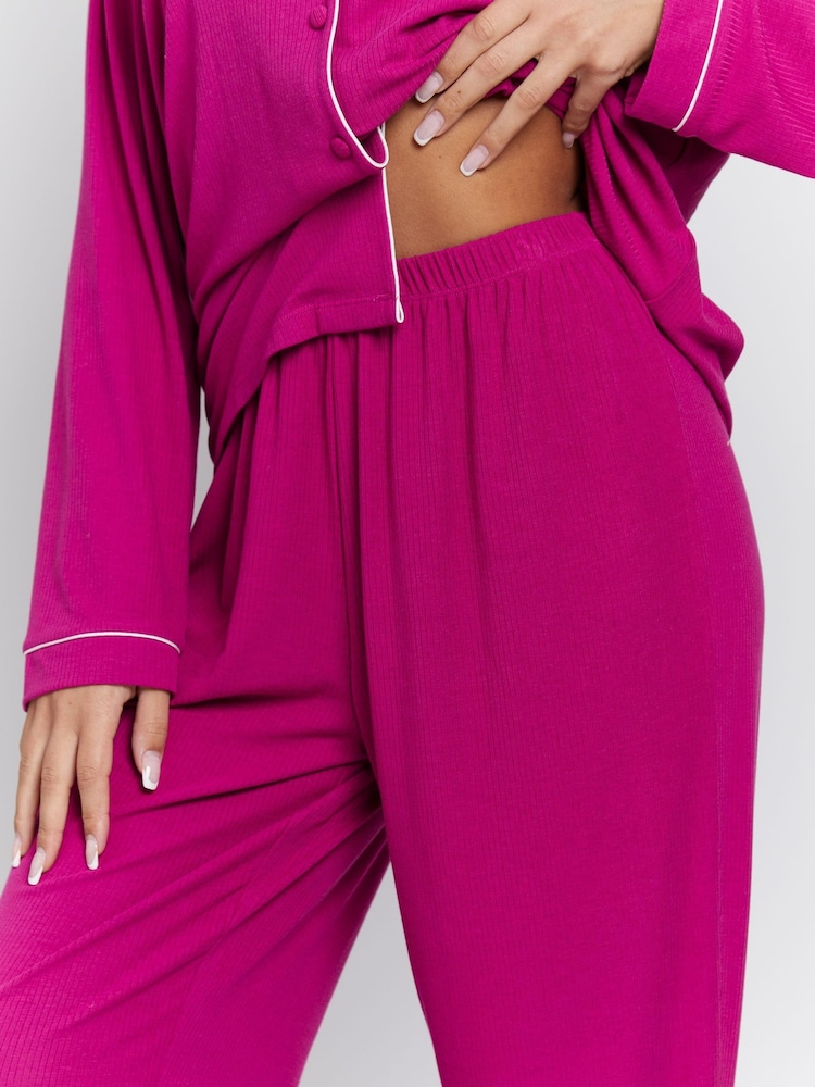 Loungeable Pink Rib Long Sleeve Traditional Shirt and Long Joggers Set - Image 6 of 6 Loungeable Pink Rib Long Sleeve Traditional Shirt and Long Joggers Set - Image 6 of 6