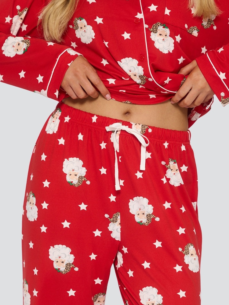 Loungeable Red Santa Print Wide Leg Jersey Traditional Revere Pyjamas Set - Image 6 of 6 Loungeable Red Santa Print Wide Leg Jersey Traditional Revere Pyjamas Set - Image 6 of 6