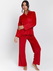 Loungeable Red Velour Rib Long Sleeve Traditional Pyjamas Set - Image 1 of 5
