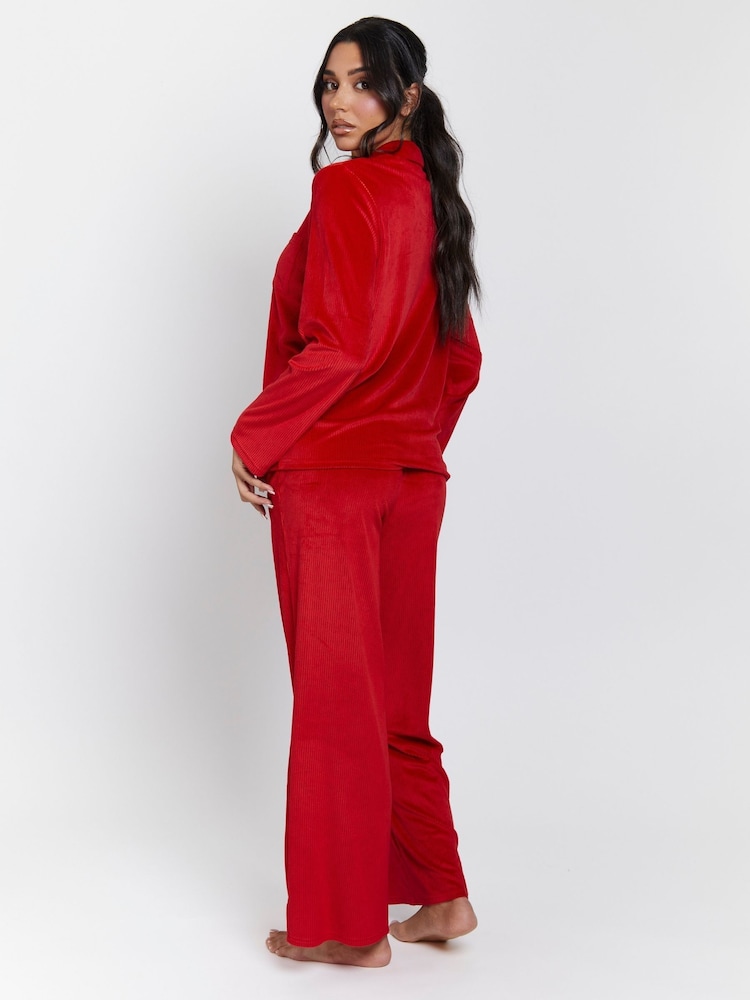 Loungeable Red Velour Rib Long Sleeve Traditional Pyjamas Set - Image 2 of 5