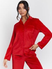 Loungeable Red Velour Rib Long Sleeve Traditional Pyjamas Set - Image 3 of 5