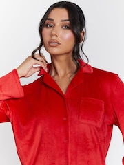 Loungeable Red Velour Rib Long Sleeve Traditional Pyjamas Set - Image 4 of 5