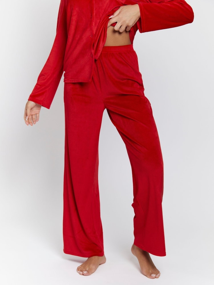 Loungeable Red Velour Rib Long Sleeve Traditional Pyjamas Set - Image 5 of 5