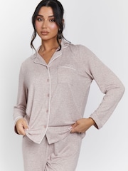 Loungeable Brown Marl Brushed Rib Long Sleeve Buttoned Pyjamas - Image 4 of 5