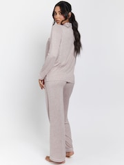 Loungeable Brown Marl Brushed Rib Long Sleeve Buttoned Pyjamas - Image 5 of 5