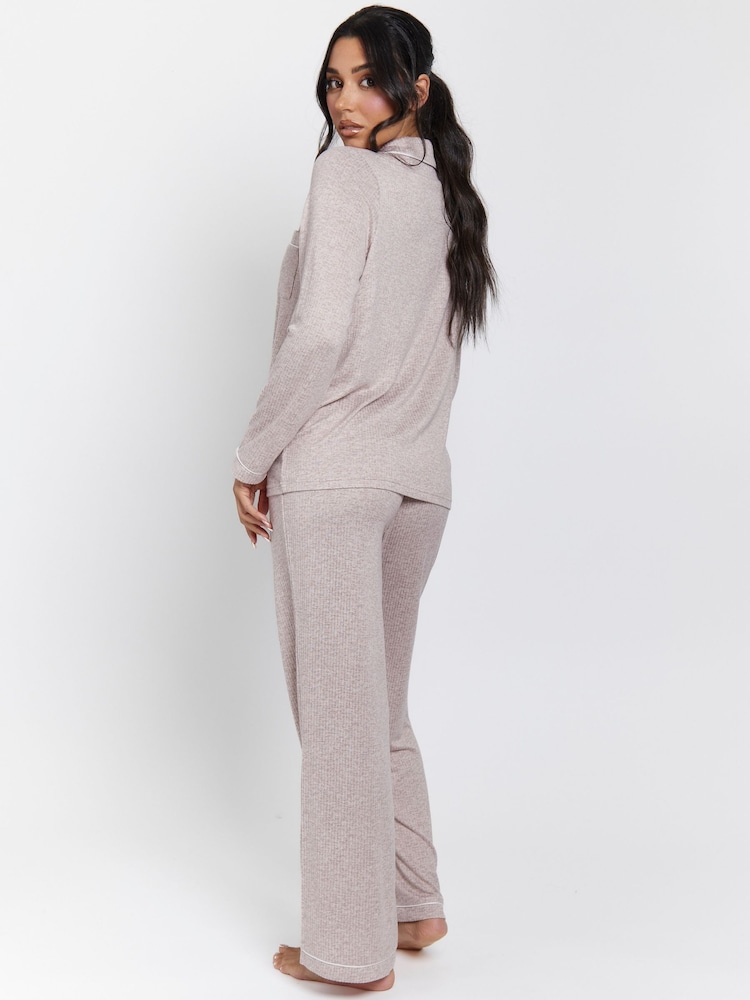 Loungeable Brown Marl Brushed Rib Long Sleeve Buttoned Pyjamas - Image 5 of 5 Loungeable Brown Marl Brushed Rib Long Sleeve Buttoned Pyjamas - Image 5 of 5
