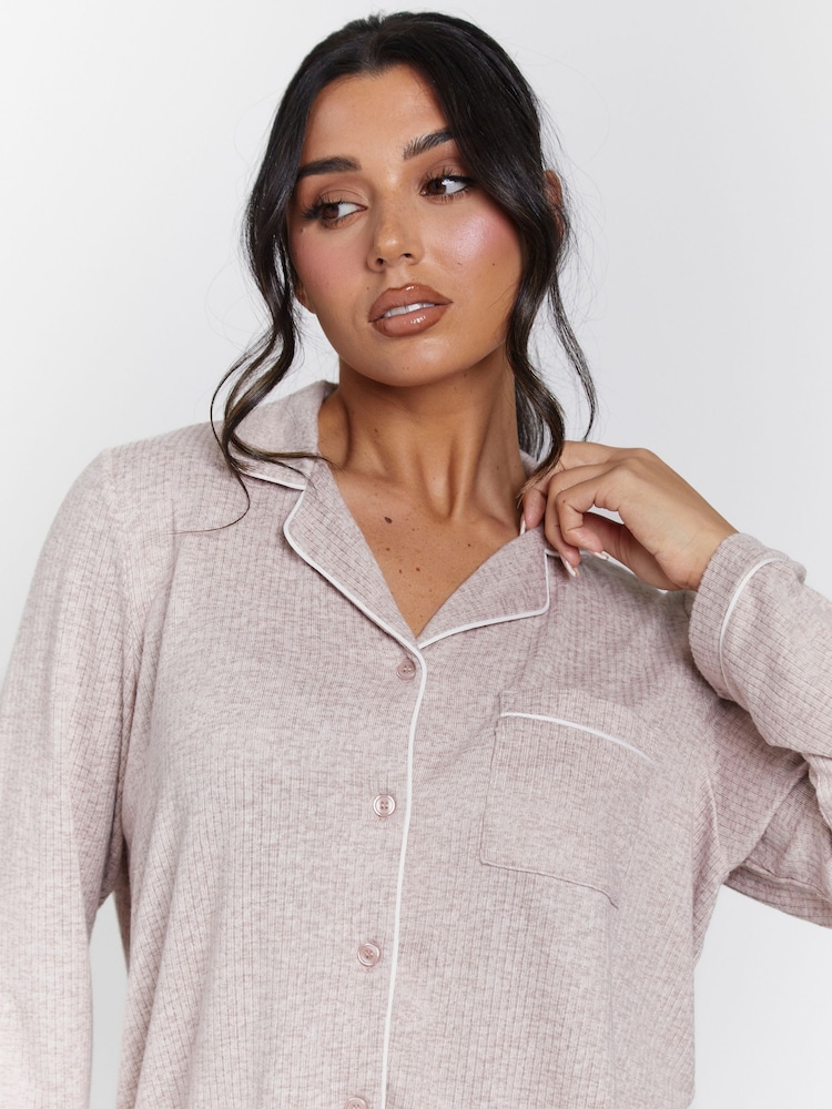 Loungeable Brown Button Through Super Soft Marl Brushed Rib Long Button Through Pyjama Set - Image 6 of 6