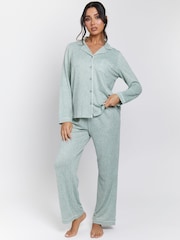 Loungeable Green Marl Brushed Rib Long Sleeve Buttoned Pyjamas - Image 1 of 7