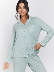 Loungeable Green Marl Brushed Rib Long Sleeve Buttoned Pyjamas - Image 2 of 7