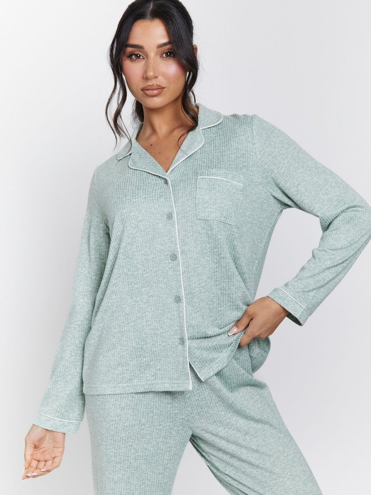 Loungeable Green Marl Brushed Rib Long Sleeve Buttoned Pyjamas - Image 2 of 7