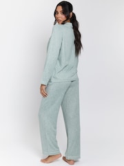 Loungeable Green Marl Brushed Rib Long Sleeve Buttoned Pyjamas - Image 3 of 7