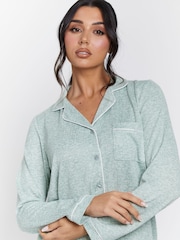 Loungeable Green Marl Brushed Rib Long Sleeve Buttoned Pyjamas - Image 5 of 7