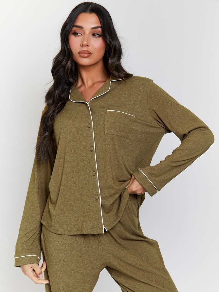Loungeable Green Ground Soft Rib Long Button Through Pyjamas - Image 1 of 5 Loungeable Green Ground Soft Rib Long Button Through Pyjamas - Image 1 of 5