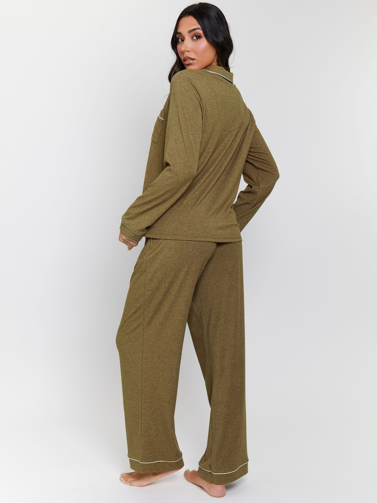 Loungeable Green Ground Soft Rib Long Button Through Pyjamas - Image 2 of 5 Loungeable Green Ground Soft Rib Long Button Through Pyjamas - Image 2 of 5