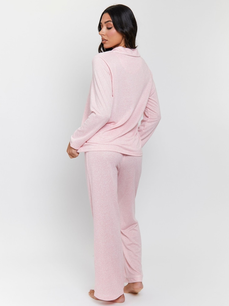 Loungeable Pink Marl Brushed Rib Long Sleeve Buttoned Pyjamas - Image 2 of 5 Loungeable Pink Marl Brushed Rib Long Sleeve Buttoned Pyjamas - Image 2 of 5