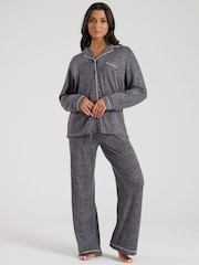 Loungeable – Melierter Langarm-Pyjama mit Ripp und Knopfleiste - Bild 1 von 6