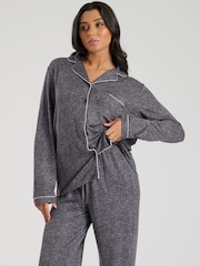 Loungeable Grey Button Through Super Soft Marl Brushed Rib Long Button Through Pyjama Set - Image 7 of 8