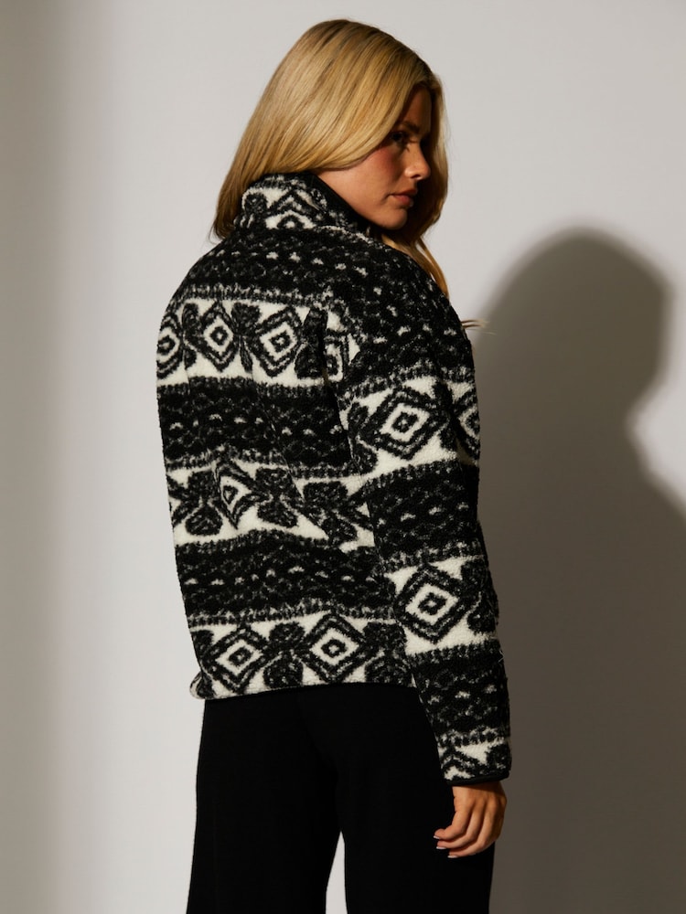 South Beach Black Printed Borg 1/4 Length Jacket - Image 2 of 5 South Beach Black Printed Borg 1/4 Length Jacket - Image 2 of 5