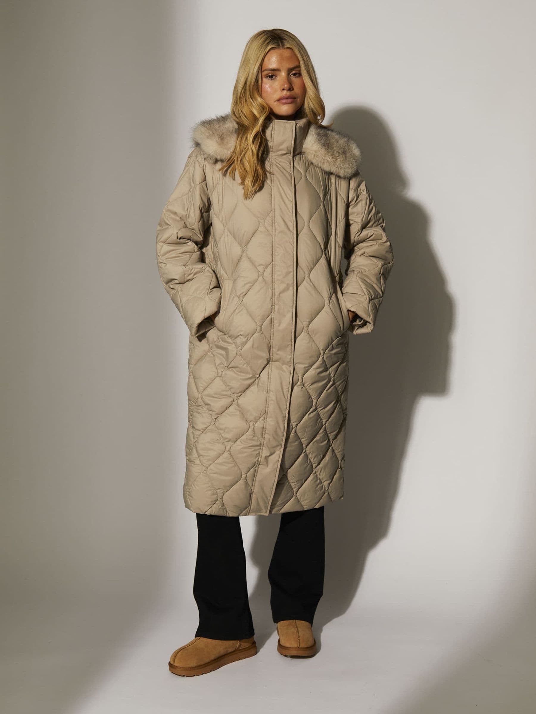 Buy South Beach Brown Quilted Long Faux Fur Trim Coat from Next USA