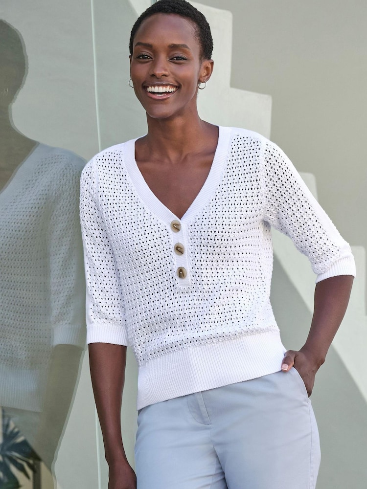 Pure Collection Cream 100% Cotton Mesh Button Neck Top - Image 1 of 3