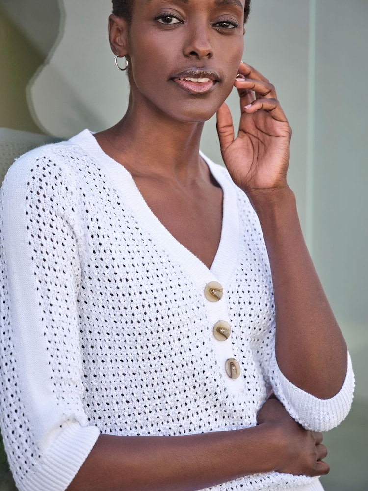 Pure Collection Cream 100% Cotton Mesh Button Neck Top - Image 2 of 3