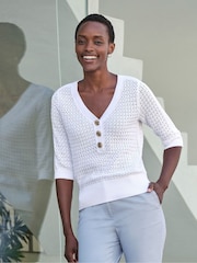 Pure Collection Cream 100% Cotton Mesh Button Neck Top - Image 3 of 3
