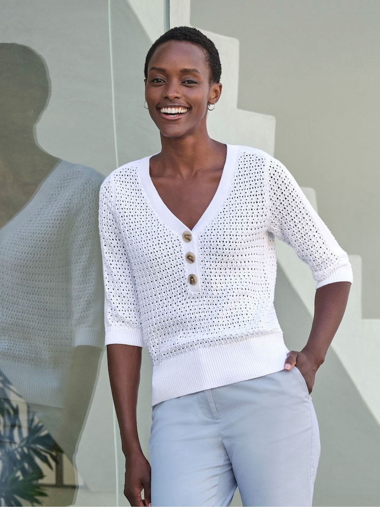 Pure Collection Cream 100% Cotton Mesh Button Neck Top - Image 3 of 3