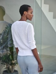 Pure Collection Cream 100% Cotton Mesh Button Neck Top - Image 3 of 3