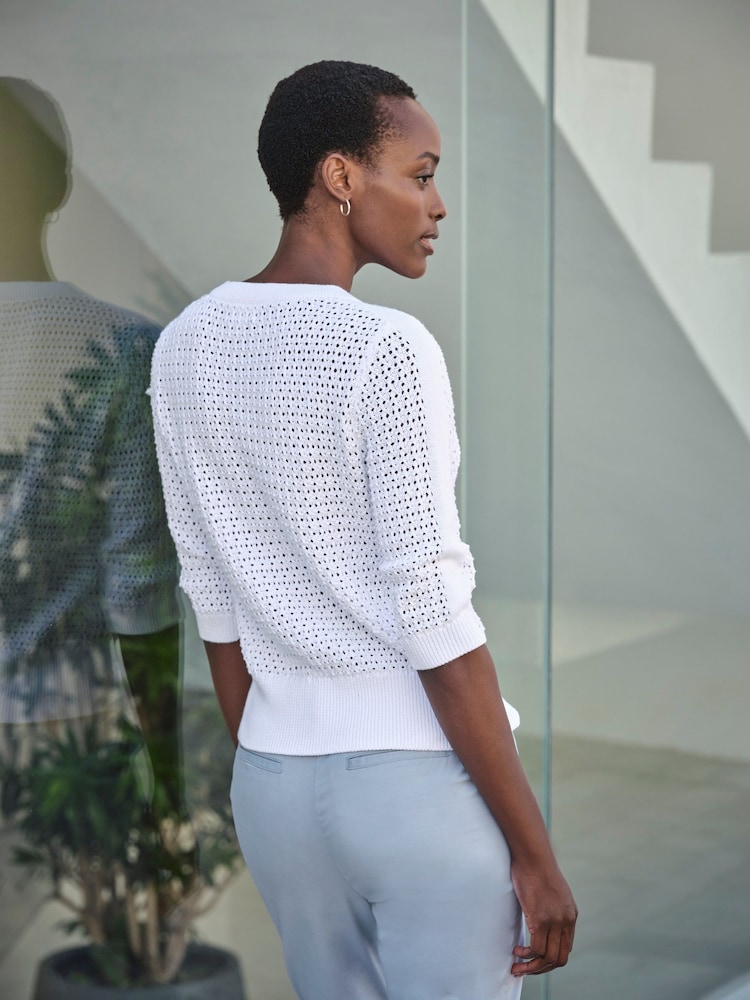 Pure Collection Cream 100% Cotton Mesh Button Neck Top - Image 3 of 3 Pure Collection Cream 100% Cotton Mesh Button Neck Top - Image 3 of 3