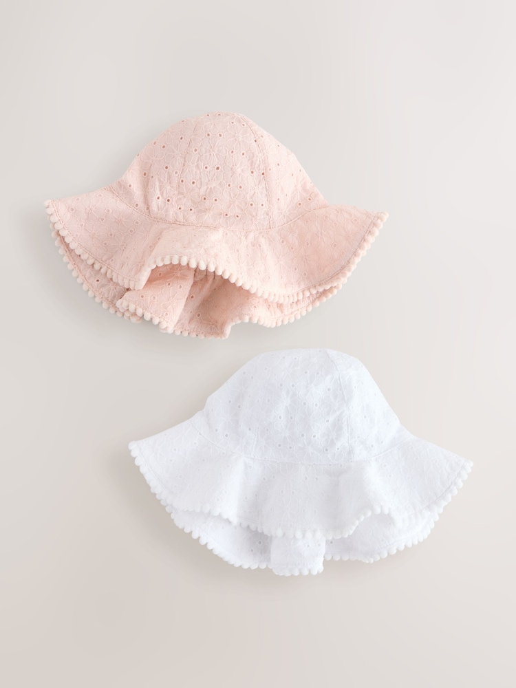 Pink/White Baby Broderie Summer Hats 2 Pack (0mths-2yrs) - Image 1 of 5 Pink/White Baby Broderie Summer Hats 2 Pack (0mths-2yrs) - Image 1 of 5