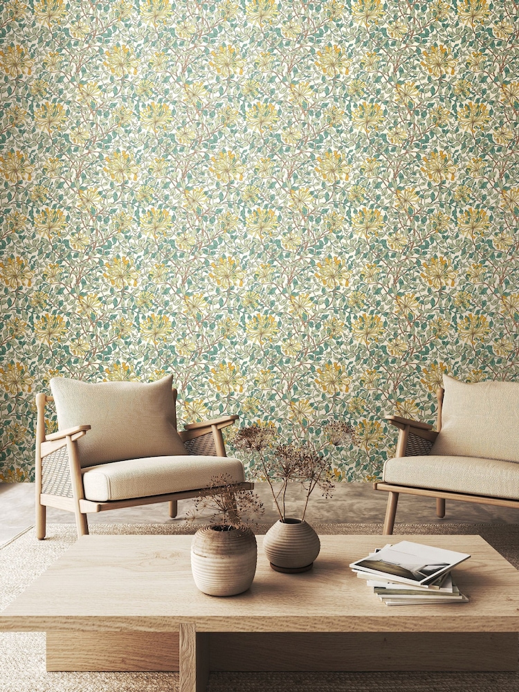 Hoopla Walls Seafoam Honeysuckle Leaf Trail 10M Wallpaper - Image 1 of 2