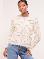 Lipsy Grey Boucle Fringe Trim V-Neck Knit Cardigan - Image 1 of 4