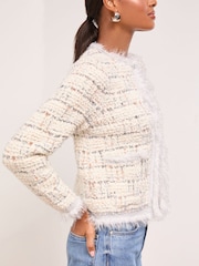 Lipsy Grey Boucle Fringe Trim V-Neck Knit Cardigan - Image 2 of 4