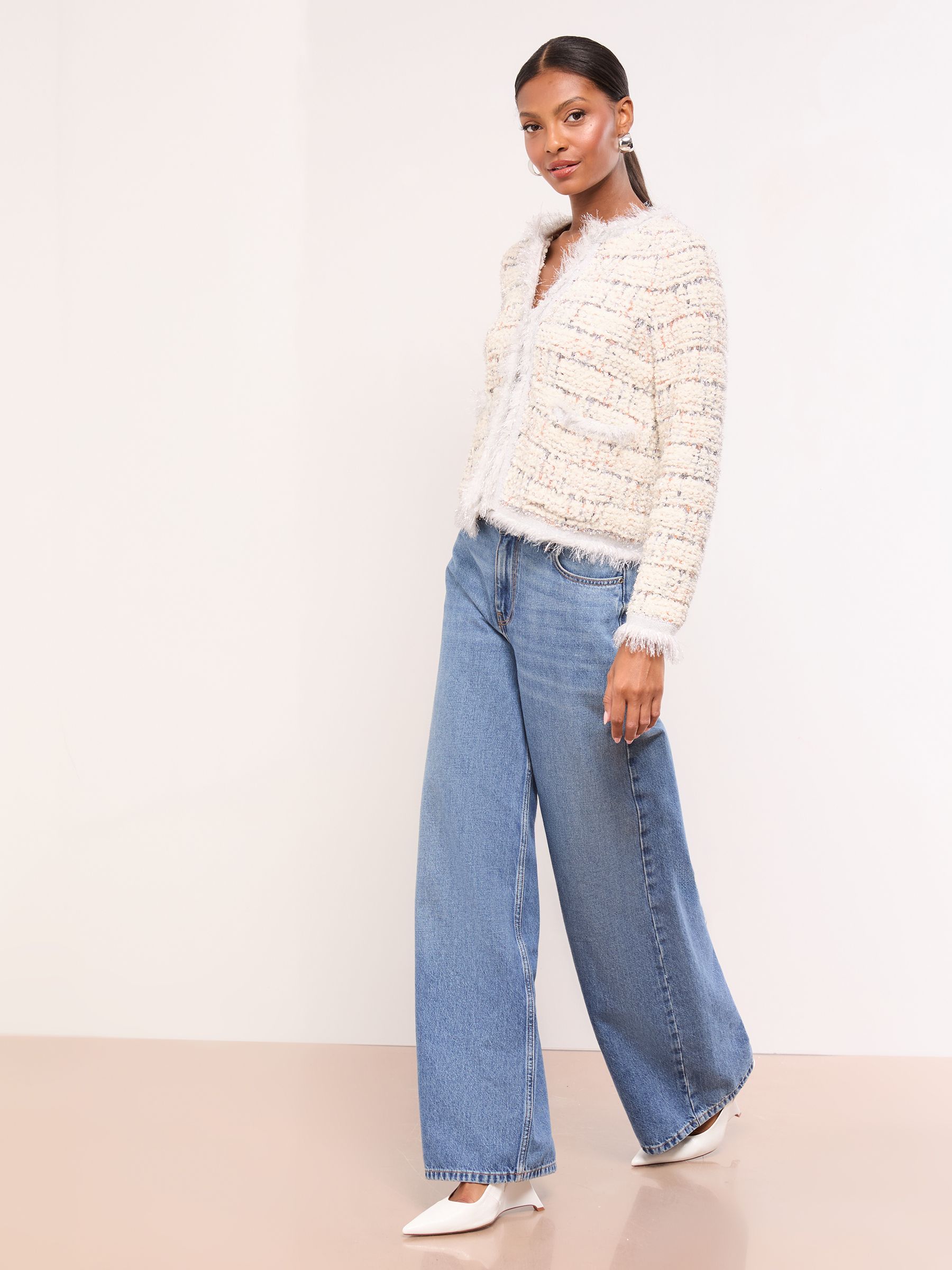 Buy Lipsy Silver Grey Boucle Textured Fringe Trim Crew Neck