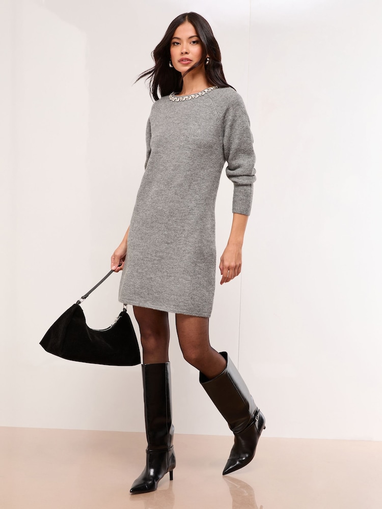 Lipsy Grey Embellished Neck Bow Detail Tie Knitted Dress - Image 1 of 4 Lipsy Grey Embellished Neck Bow Detail Tie Knitted Dress - Image 1 of 4