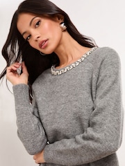 Lipsy Grey Embellished Neck Bow Detail Tie Knitted Dress - Image 3 of 4