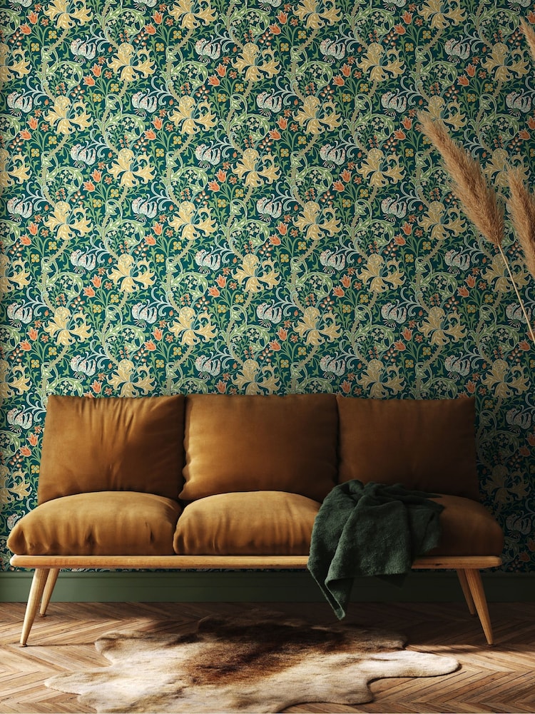 Hoopla Walls Emerald Green Lily Ogee 10M Wallpaper - Image 1 of 2