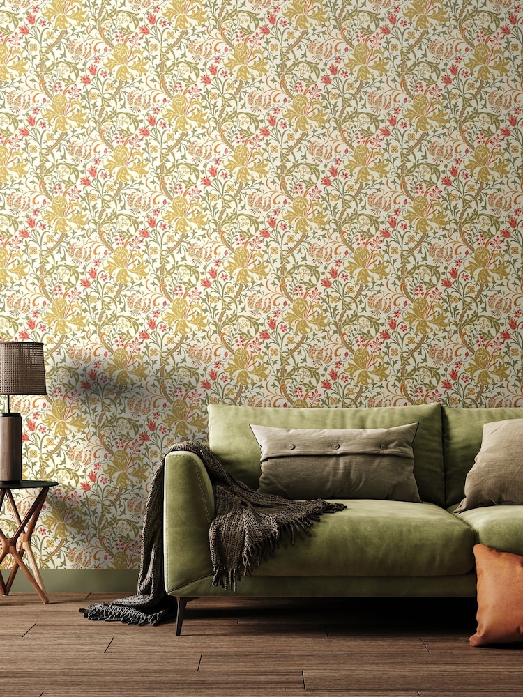 Hoopla Walls Olive Green Lily Ogee 10M Wallpaper - Image 1 of 2