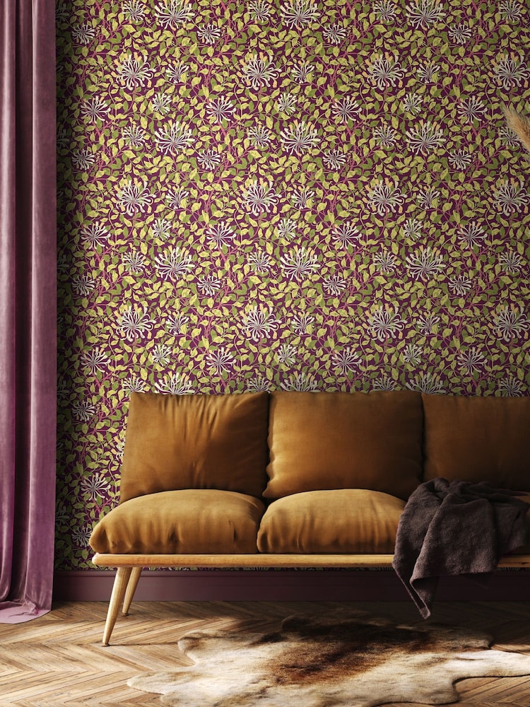 Hoopla Walls Aubergine Honeysuckle Leaf Trail 10M Wallpaper - Image 1 of 2