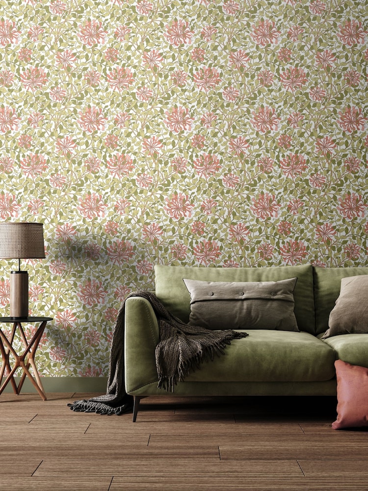 Hoopla Walls Coral Pink Honeysuckle Leaf Trail 10M Wallpaper - Image 1 of 2